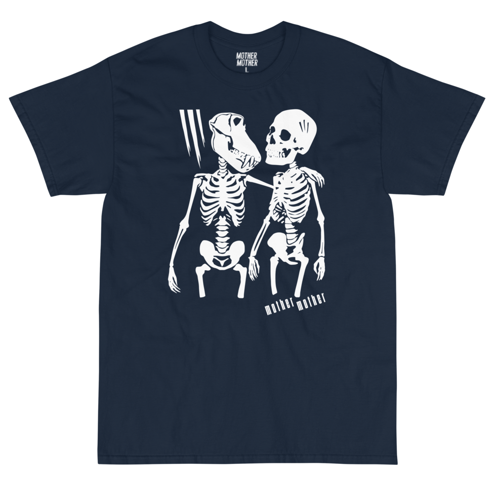 Mother Mother Very Good Bad Thing navy skeleton tee with white lettering